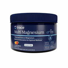 Dark blue powder container labeled "Multi Magnesium" by Trace Minerals Research with orange mango flavor, 5.4 oz size.