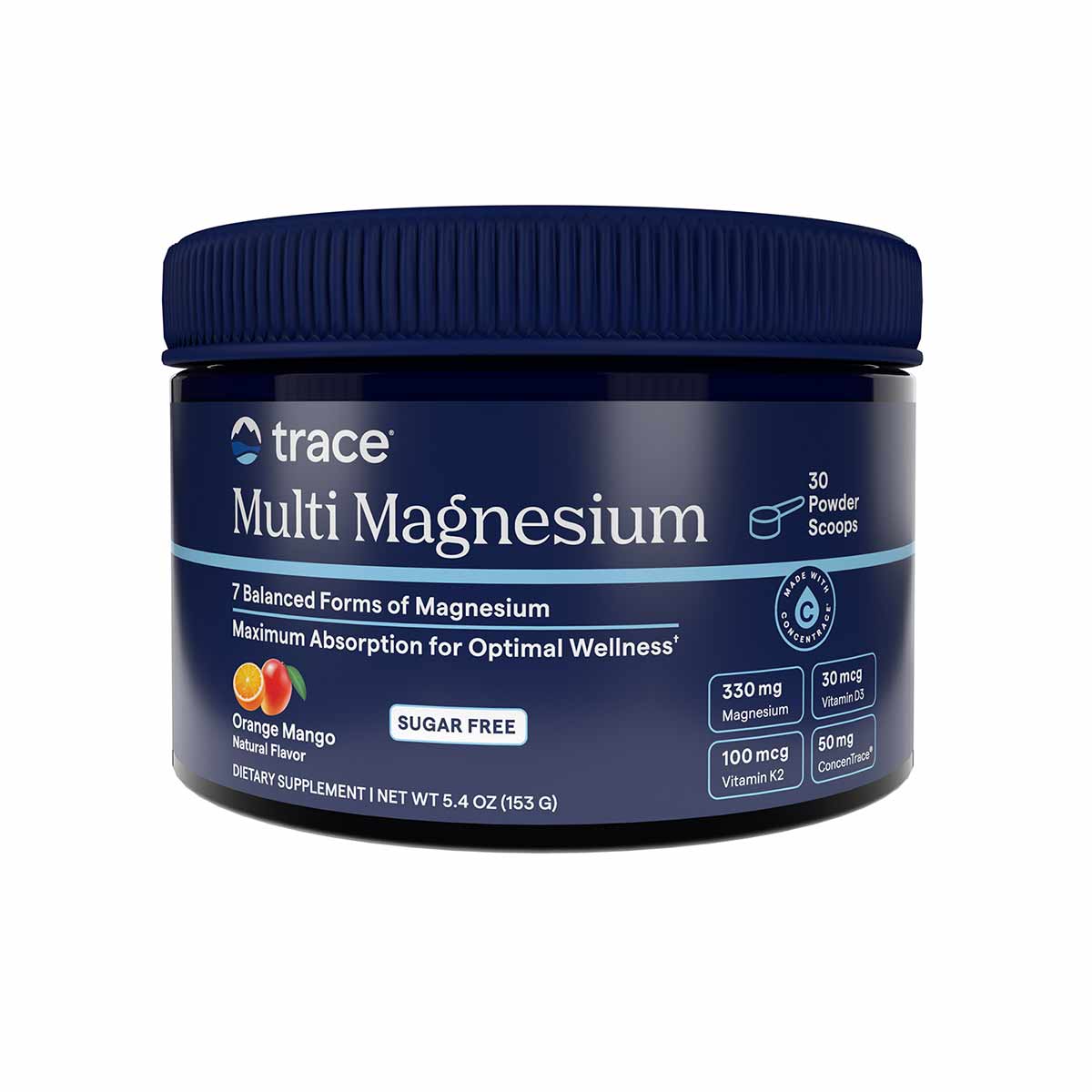 Dark blue powder container labeled "Multi Magnesium" by Trace Minerals Research with orange mango flavor, 5.4 oz size.