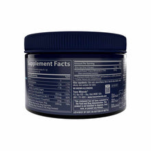 Dark blue container with white label displaying supplement facts and ingredients for magnesium powder.