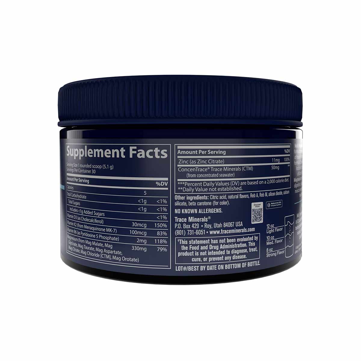 Dark blue container with white label displaying supplement facts and ingredients for magnesium powder.
