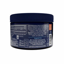 Dark blue container of Multi Magnesium Powder with navy screw-top lid and product information label on back.