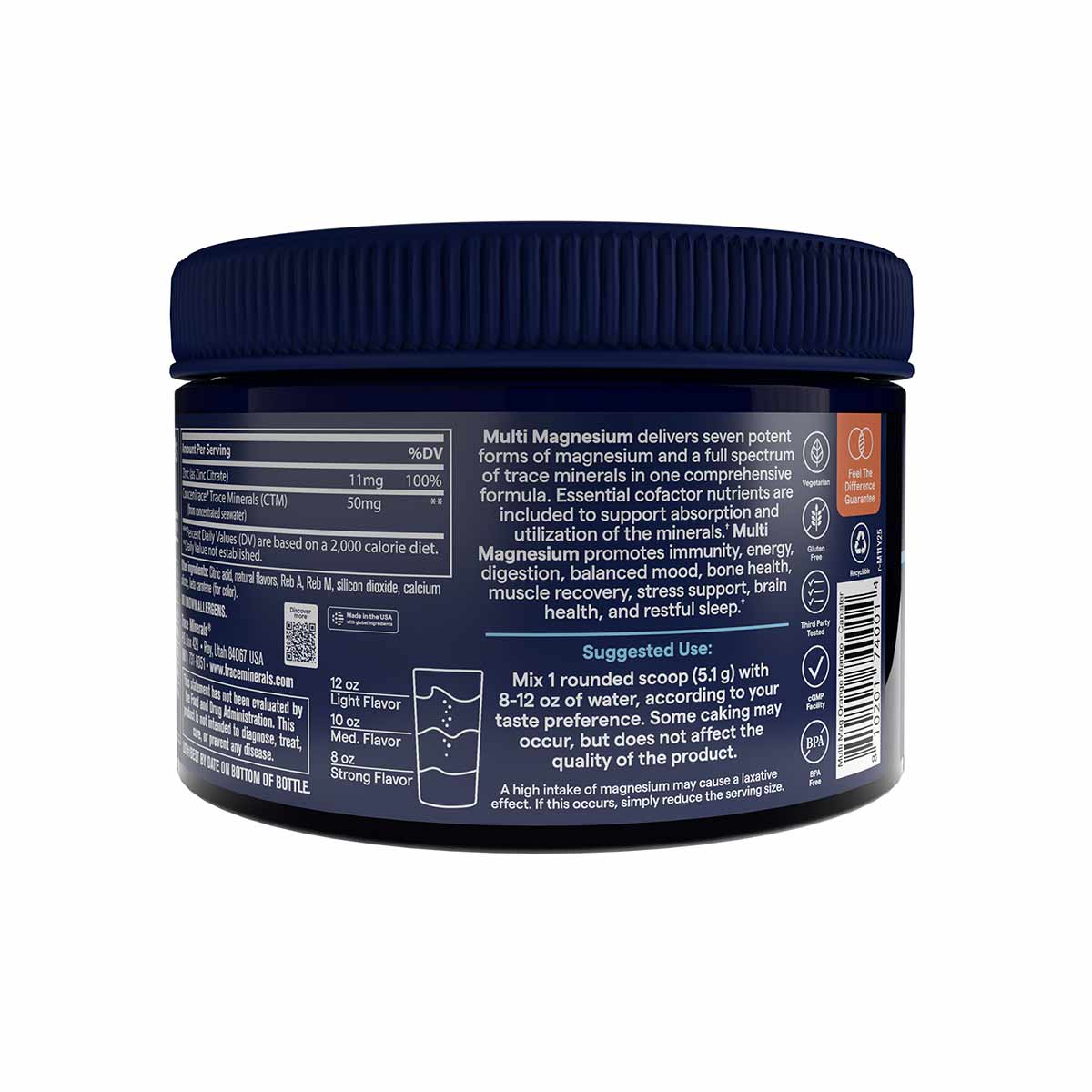 Dark blue container of Multi Magnesium Powder with navy screw-top lid and product information label on back.