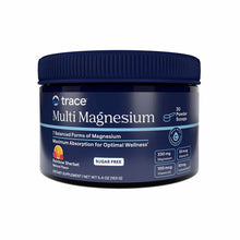 Dark blue container of Trace Minerals Multi Magnesium powder with navy ribbed lid, labeled 30 scoops, Rainbow Sherbet flavor.