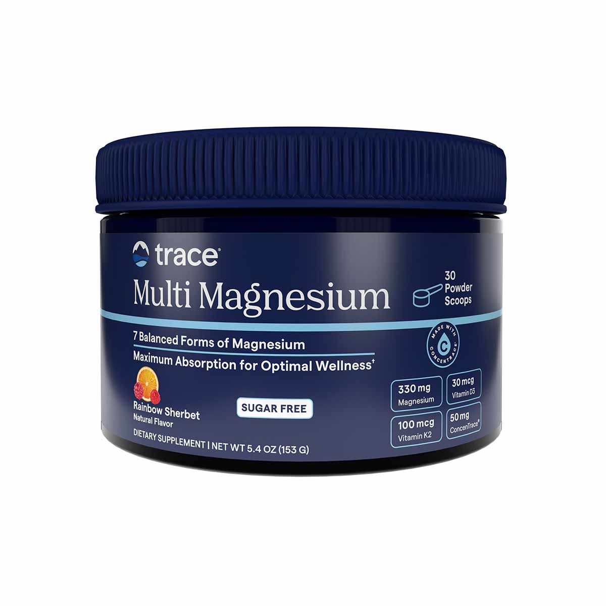 Dark blue container of Trace Minerals Multi Magnesium powder with navy ribbed lid, labeled 30 scoops, Rainbow Sherbet flavor.