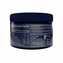 Dark blue container with white label showing supplement facts and ingredients for magnesium powder.