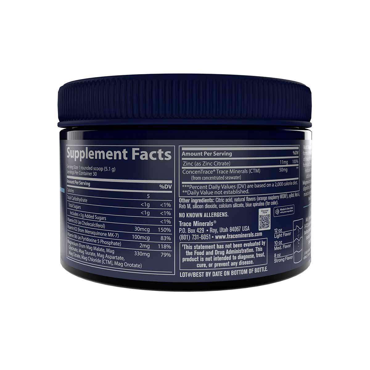 Dark blue container with white label showing supplement facts and ingredients for magnesium powder.