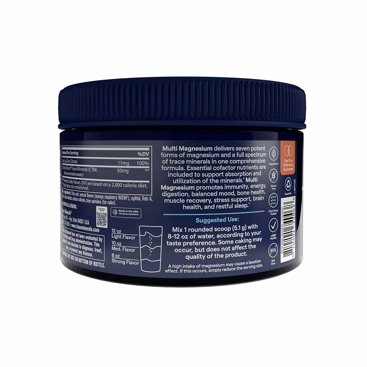 Dark blue container of Multi Magnesium powder with navy screw-top lid and product information label on back.