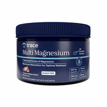 Dark blue container of Trace Minerals Multi Magnesium powder with navy screw cap, labeled with tropical watermelon flavor and