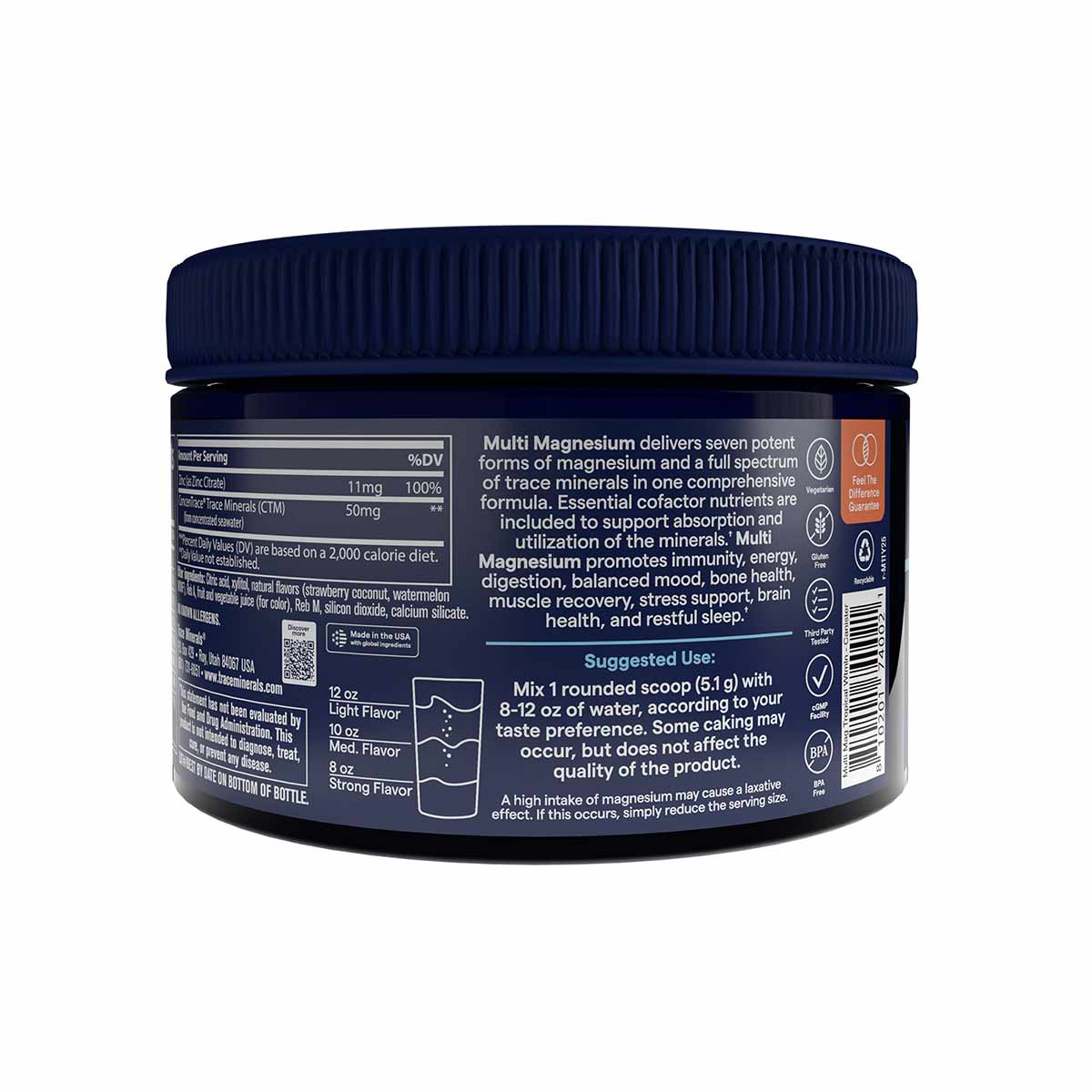 Dark blue jar with navy screw-top lid containing magnesium powder supplement with product information and usage instructions 