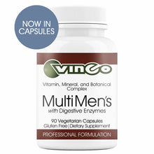 White bottle with brown label containing Vinco MultiMen's with Digestive Enzymes, 90 vegetarian capsules.