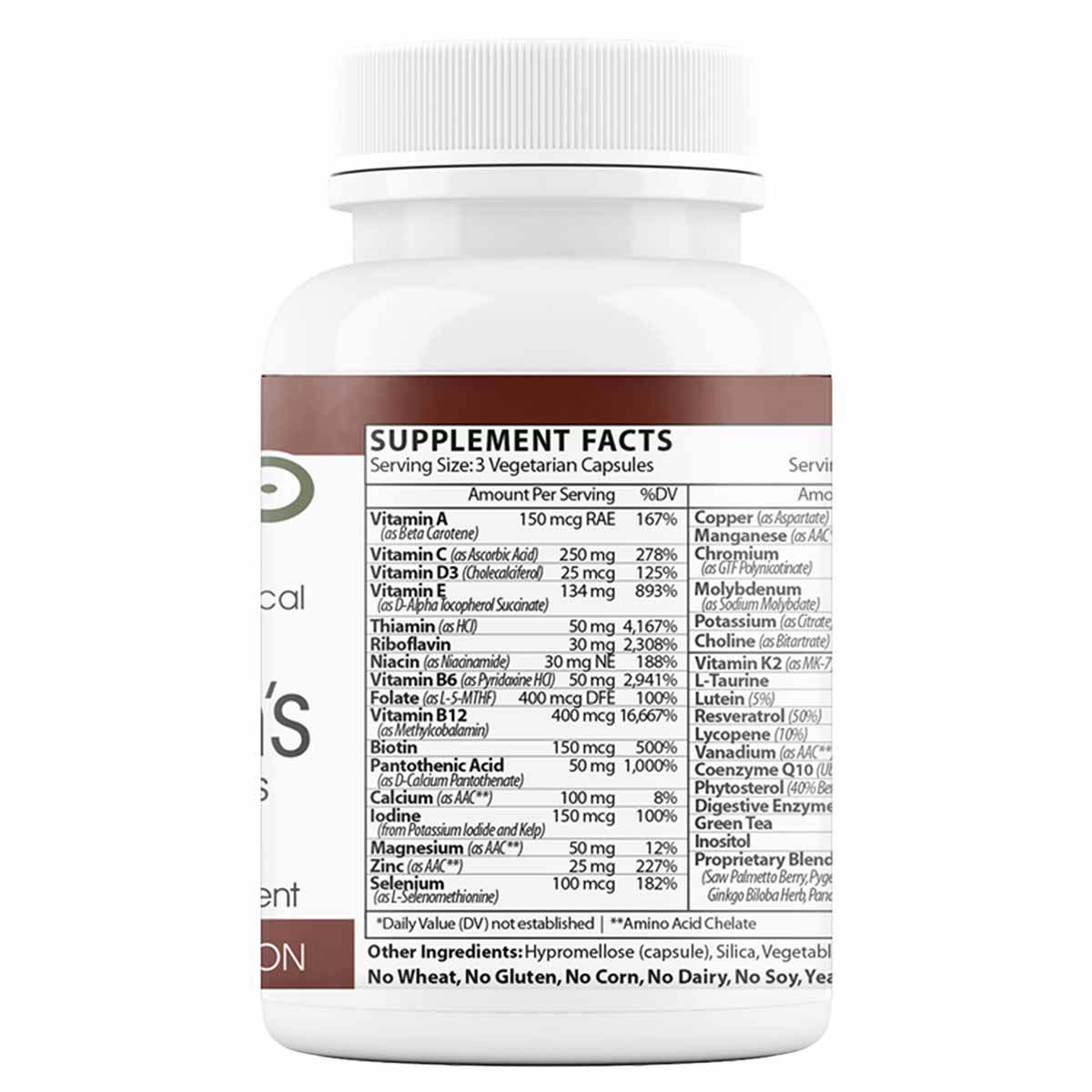 White bottle with brown label showing supplement facts for men's multivitamin with digestive enzymes and ribbed cap.