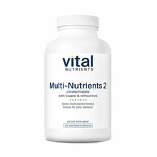 White bottle of Vital Nutrients Multi-Nutrients 2 dietary supplement containing 180 vegetarian capsules.