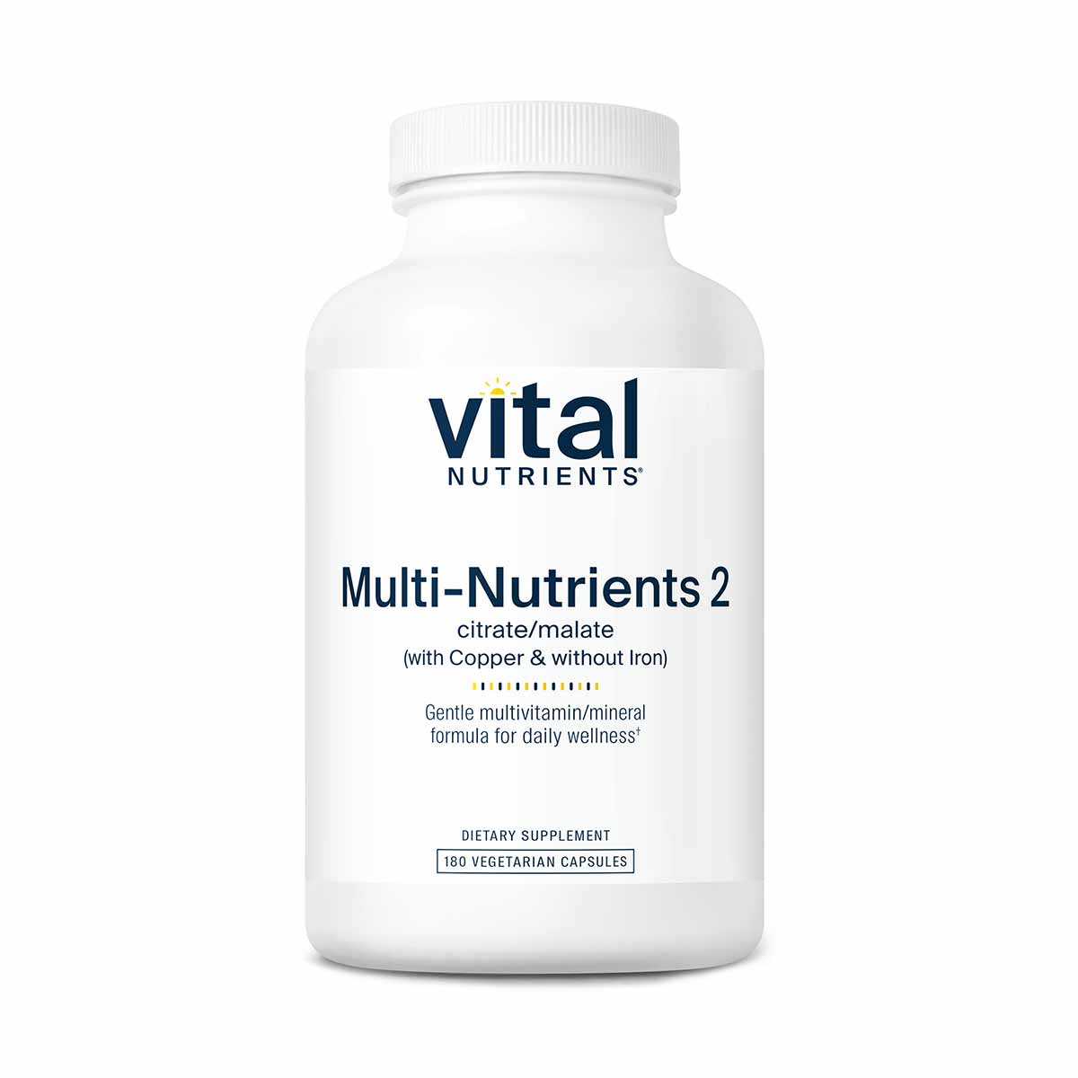 White bottle of Vital Nutrients Multi-Nutrients 2 dietary supplement containing 180 vegetarian capsules.