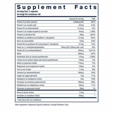 Supplement Facts label for Multi-Nutrients 2 capsules listing vitamins, minerals, and serving information.