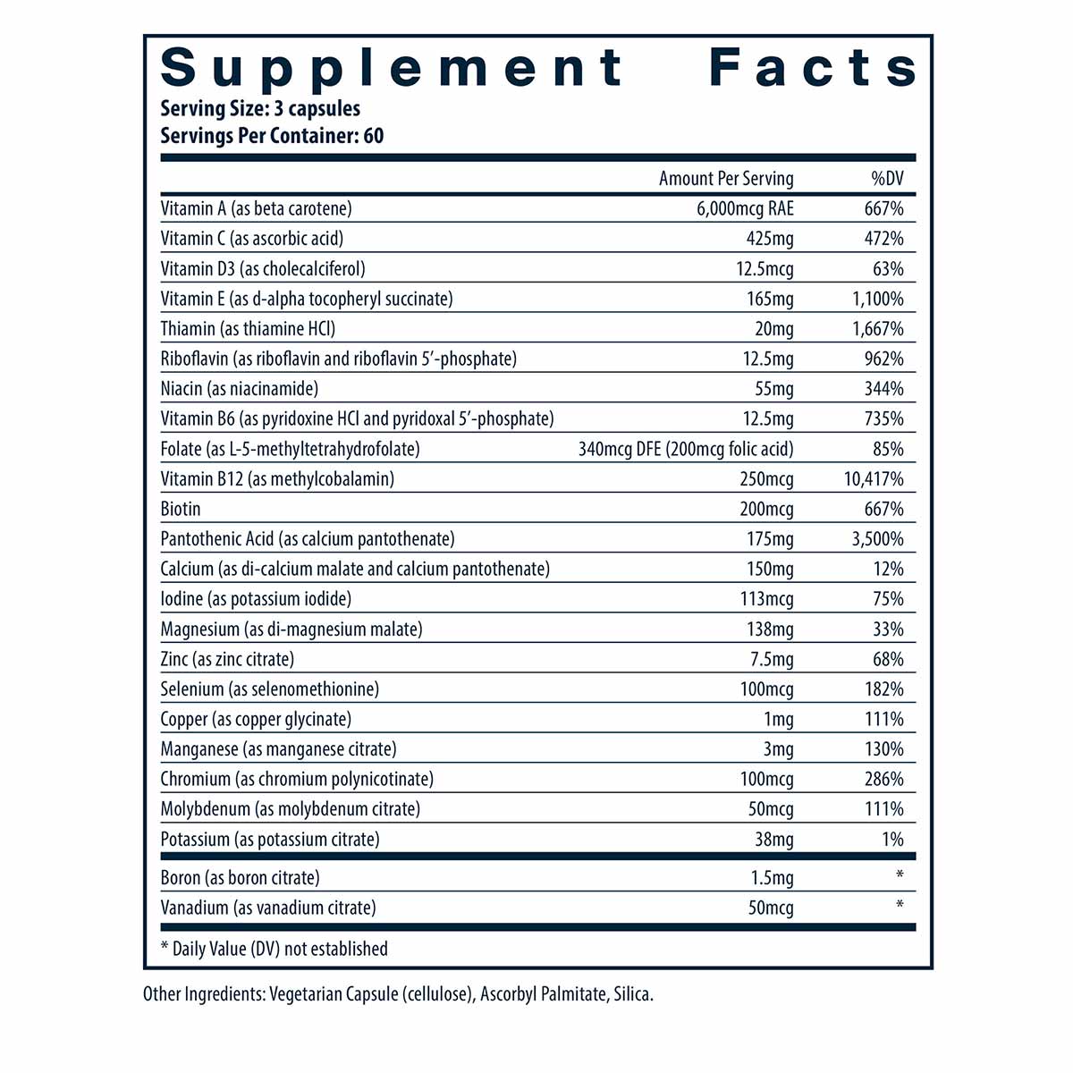 Supplement Facts label for Multi-Nutrients 2 capsules listing vitamins, minerals, and serving information.