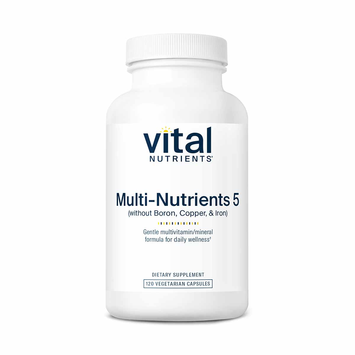 White bottle of Vital Nutrients Multi-Nutrients 5 supplement with white cap containing 120 vegetarian capsules.
