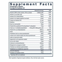 Supplement Facts label listing vitamins A through E, B vitamins, minerals including calcium, magnesium, zinc, and selenium, p