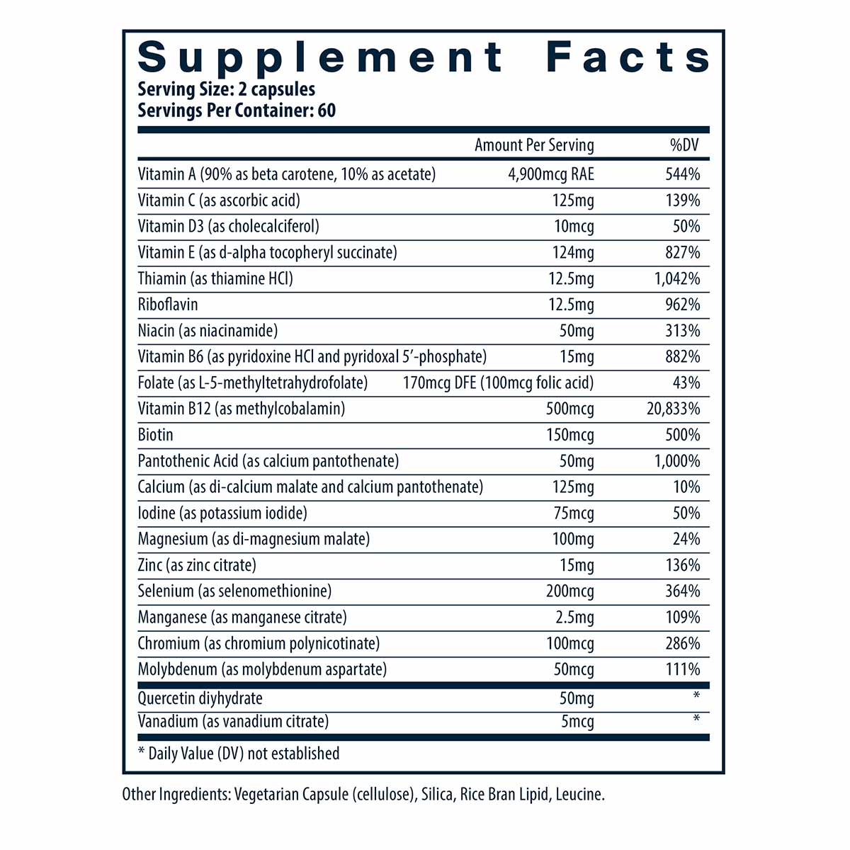 Supplement Facts label listing vitamins A through E, B vitamins, minerals including calcium, magnesium, zinc, and selenium, p