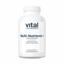 White plastic bottle of Vital Nutrients Multi-Nutrients1 with Iron & Iodine, 180 vegetarian capsules.