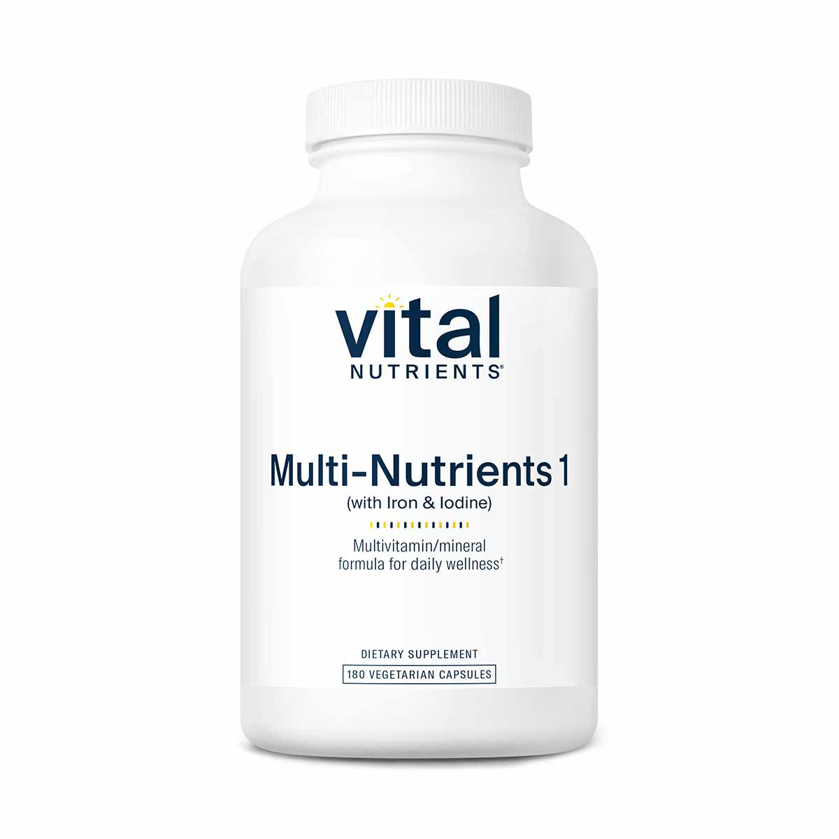 White plastic bottle of Vital Nutrients Multi-Nutrients1 with Iron & Iodine, 180 vegetarian capsules.