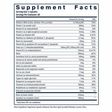 Supplement Facts label showing serving size of 3 capsules with 60 servings per container listing vitamins, minerals, and nutr