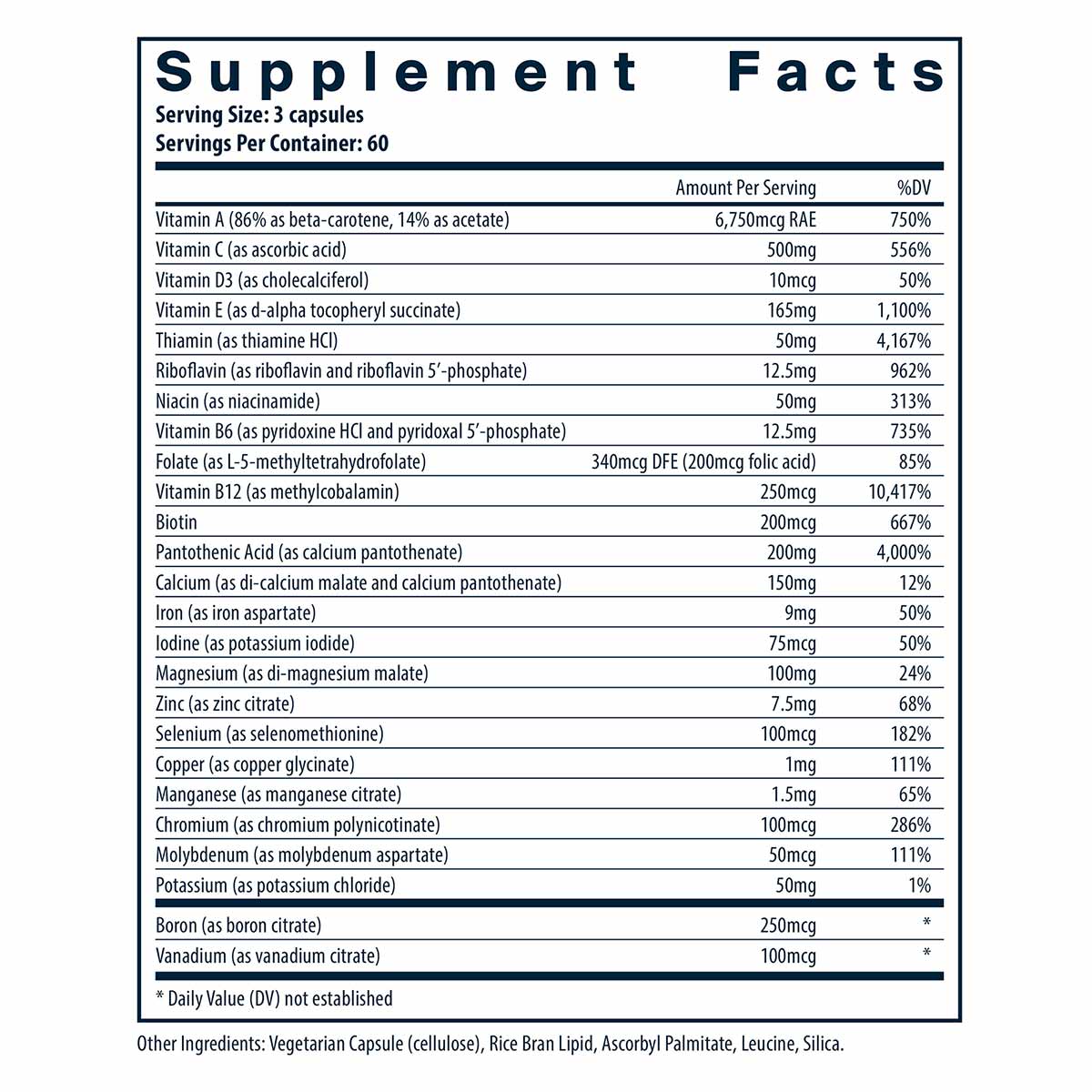 Supplement Facts label showing serving size of 3 capsules with 60 servings per container listing vitamins, minerals, and nutr