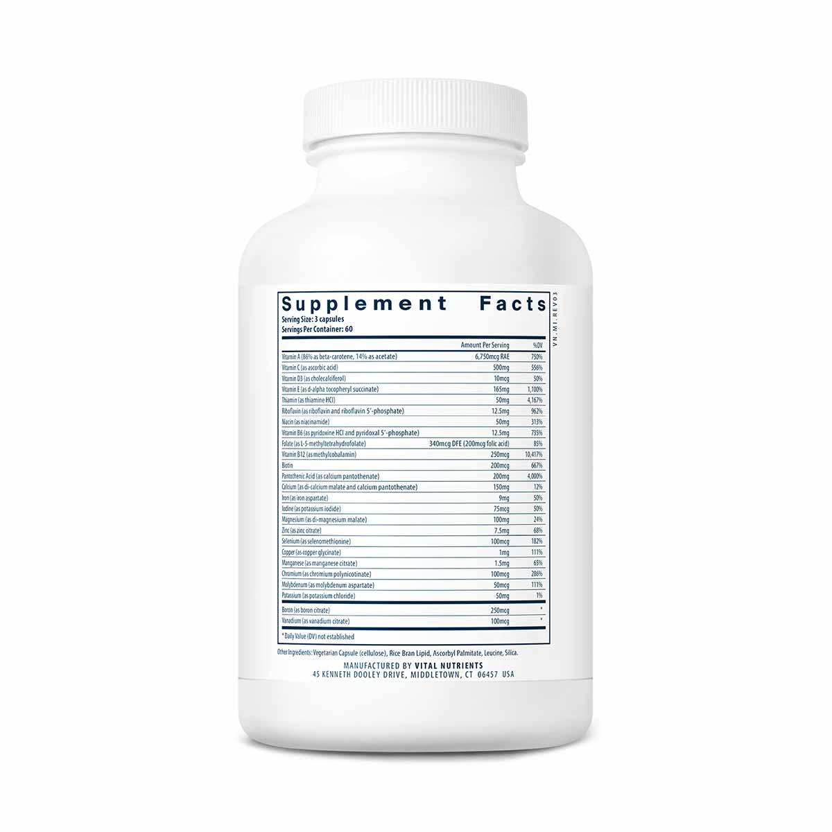 White plastic supplement bottle with white screw cap and black Supplement Facts label listing multiple nutrients including ir