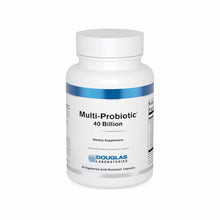 White bottle of Multi-Probiotic 40 Billion dietary supplement with blue band and Douglas Laboratories label, 60 vegetarian ca