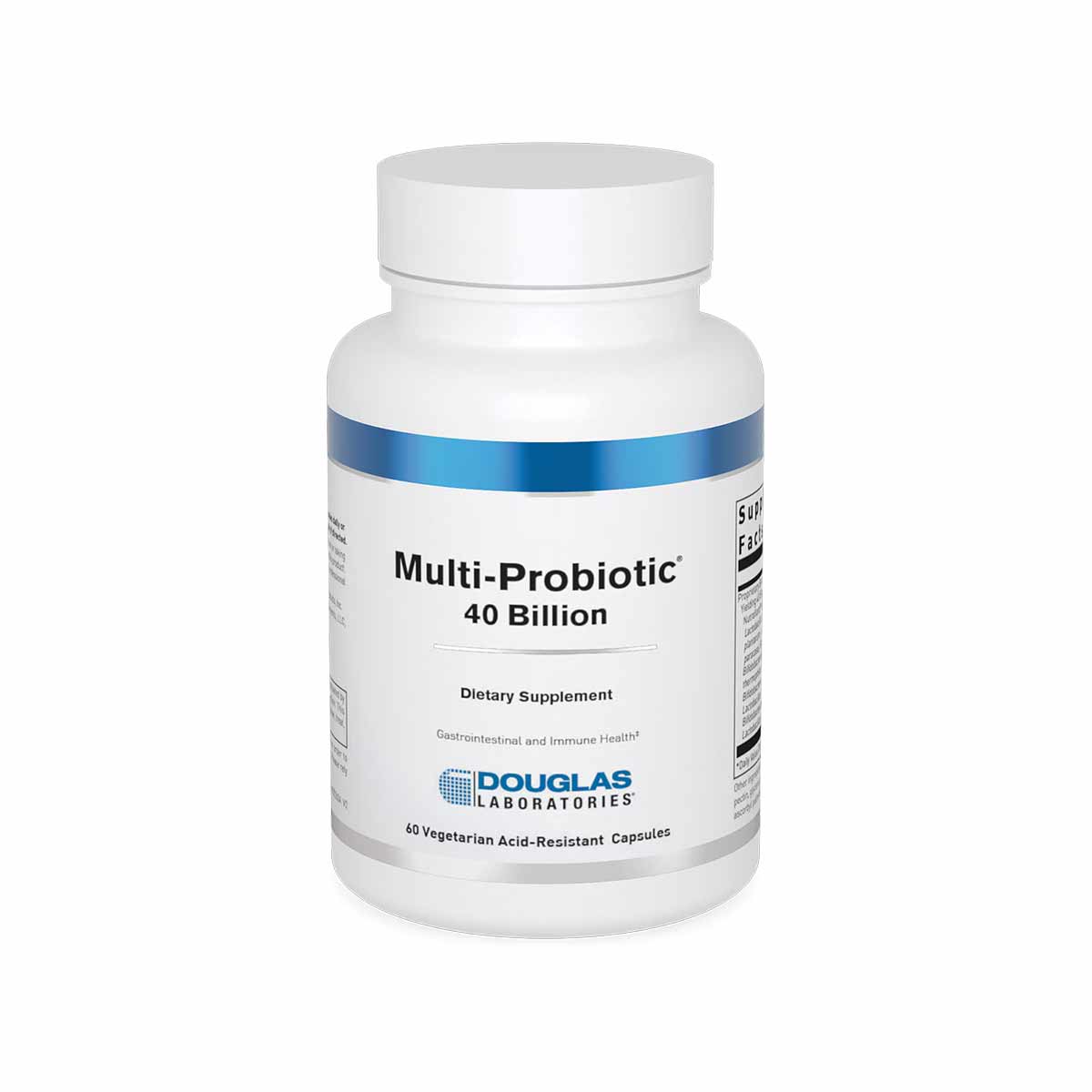 White bottle of Multi-Probiotic 40 Billion dietary supplement with blue band and Douglas Laboratories label, 60 vegetarian ca