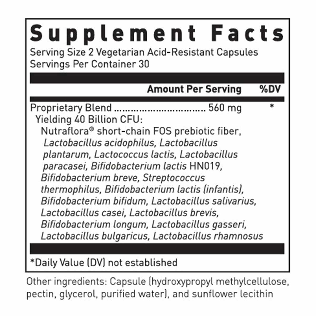 Supplement Facts label showing 40 billion CFU probiotic blend with 2 vegetarian acid-resistant capsules per serving.