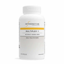 White bottle of Integrative Therapeutics Multiplex-1 daily multivitamin capsules without added iron, 240 count.