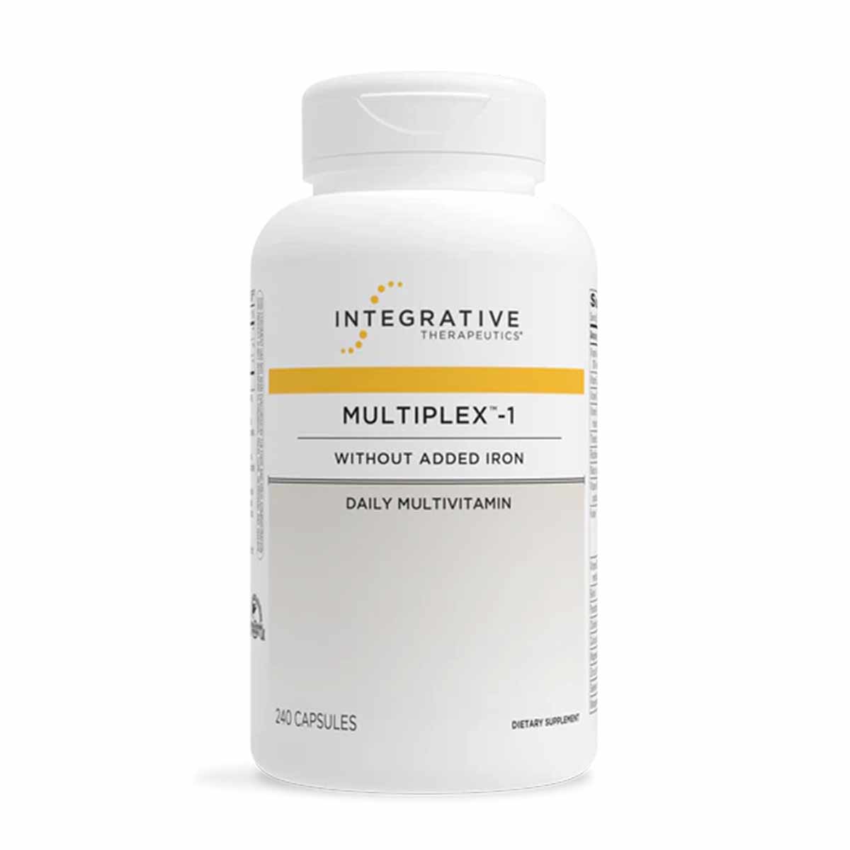 White bottle of Integrative Therapeutics Multiplex-1 daily multivitamin capsules without added iron, 240 count.