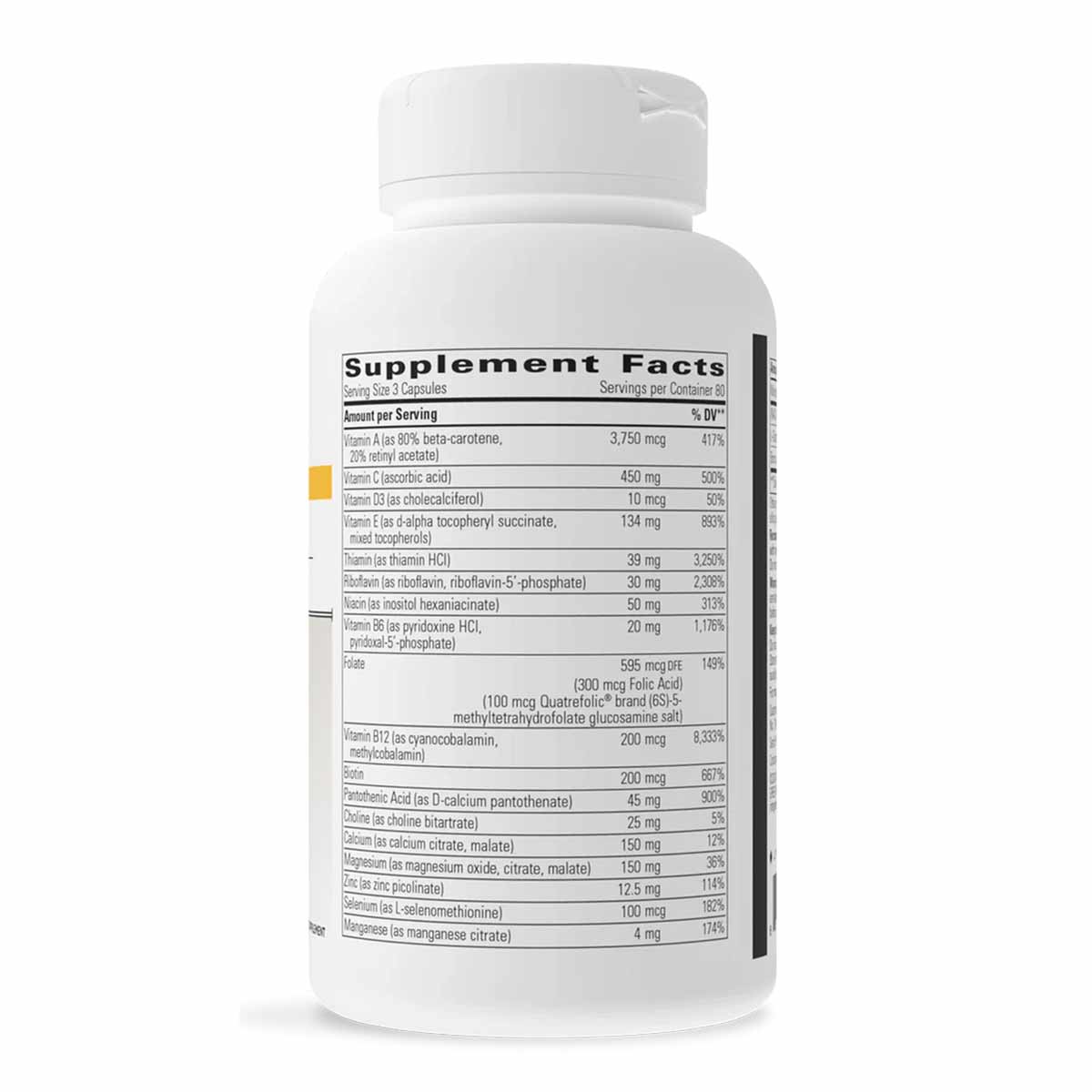 White bottle of Multiplex-1 capsules with supplement facts label visible on front.