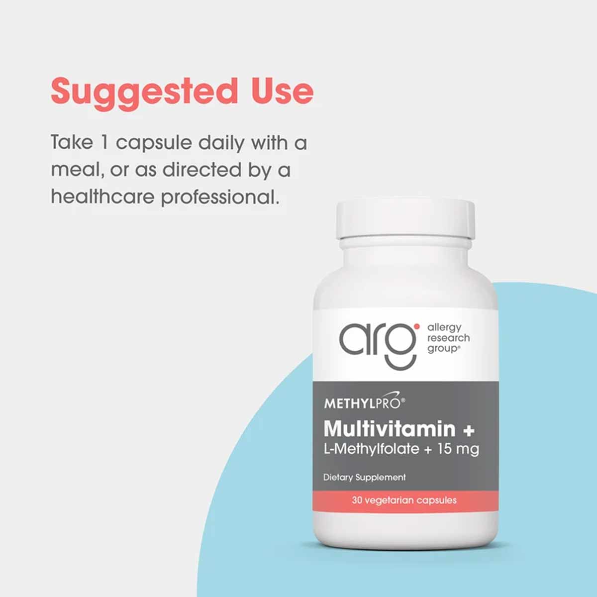 White bottle with gray and red label for Allergy Research Group Multivitamin + L-Methylfolate, containing 30 vegetarian capsu