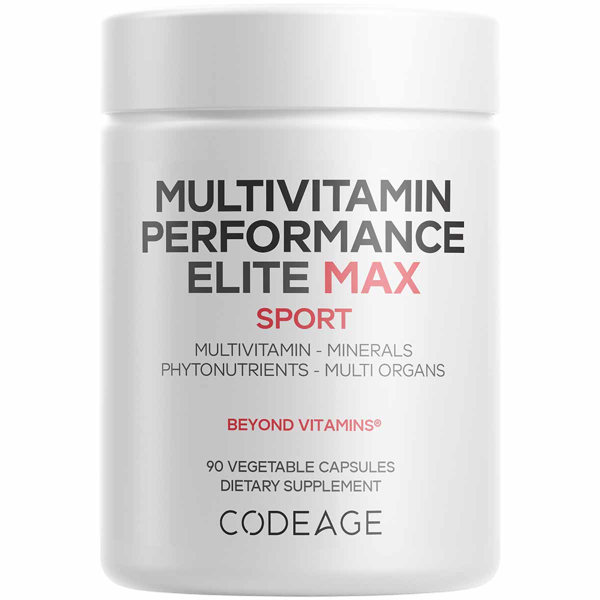 White bottle of Codeage Multivitamin Performance Elite Max Sport with 90 vegetable capsules.