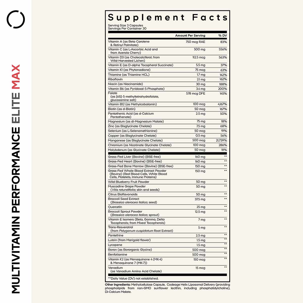 Supplement Facts label for Multivitamin Performance Elite Max showing serving size, vitamin and mineral content, and daily va