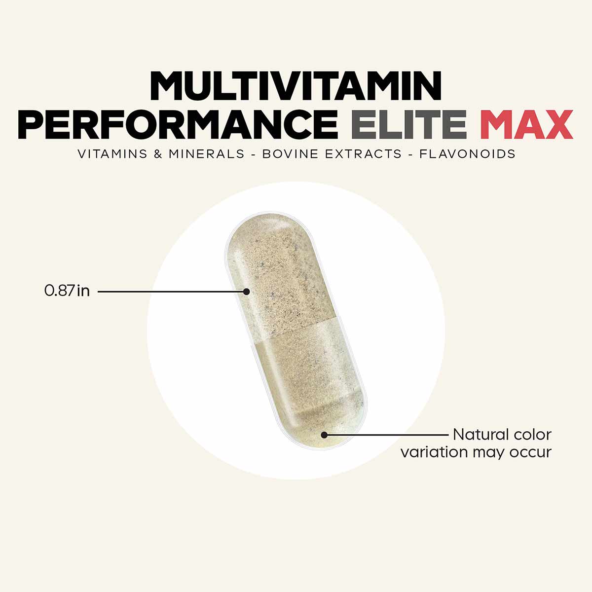Single tan-colored multivitamin capsule measuring 0.87 inches with size reference and note about natural color variation.
