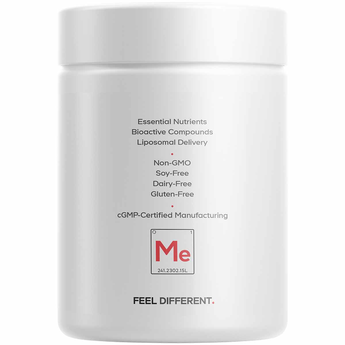 White Codeage multivitamin supplement jar with white lid, labeled with product features including liposomal delivery and cert