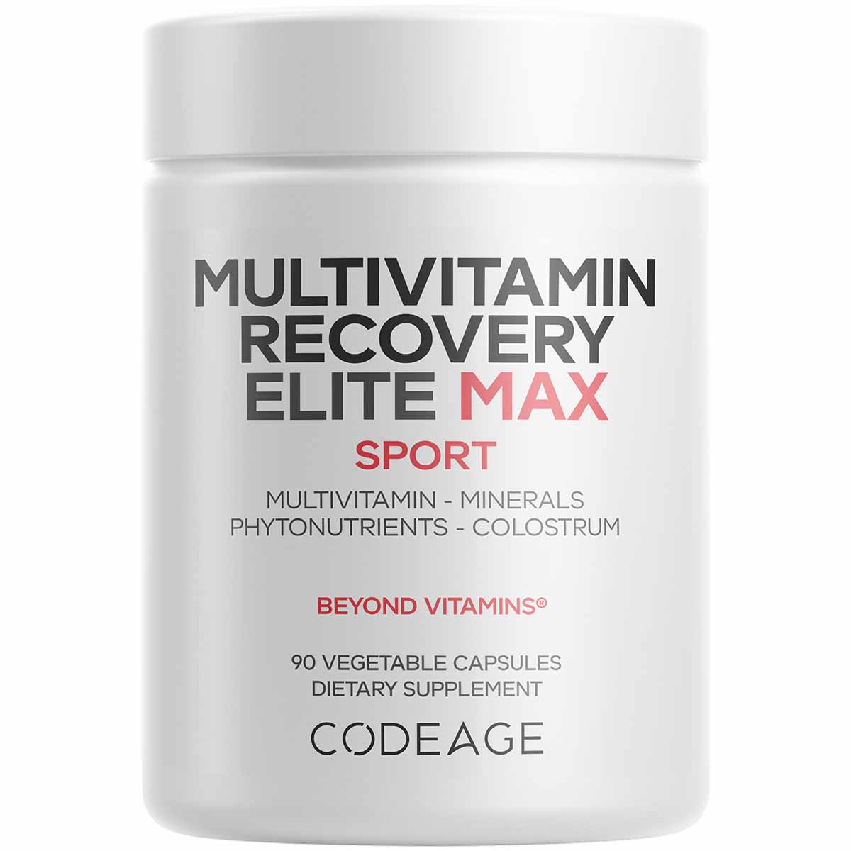 White bottle of Codeage Multivitamin Recovery Elite Max Sport containing 90 vegetable capsules.