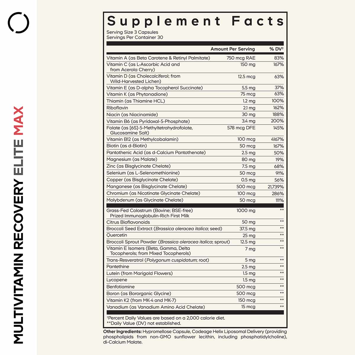 Supplement Facts label for Multivitamin Recovery Elite Max showing serving size, vitamin and mineral ingredients with amounts