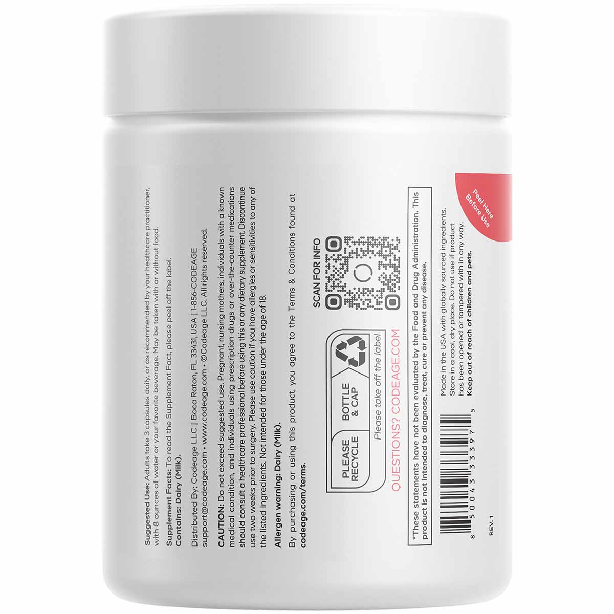 White cylindrical supplement container with white lid, product label, QR code, barcode, and red banner on front.