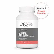 White bottle of Allergy Research Group Muscle Recovery dietary supplement containing 180 vegetarian capsules.