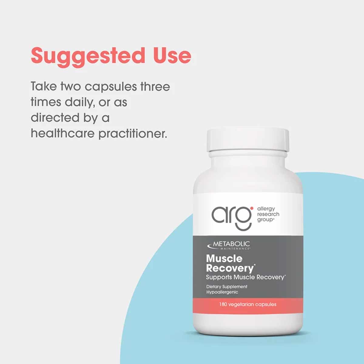 White bottle of Allergy Research Group Muscle Recovery dietary supplement with gray and coral label on blue background.