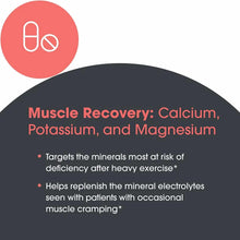 Bottle label for Muscle Recovery supplement containing calcium, potassium, and magnesium capsules with product information te