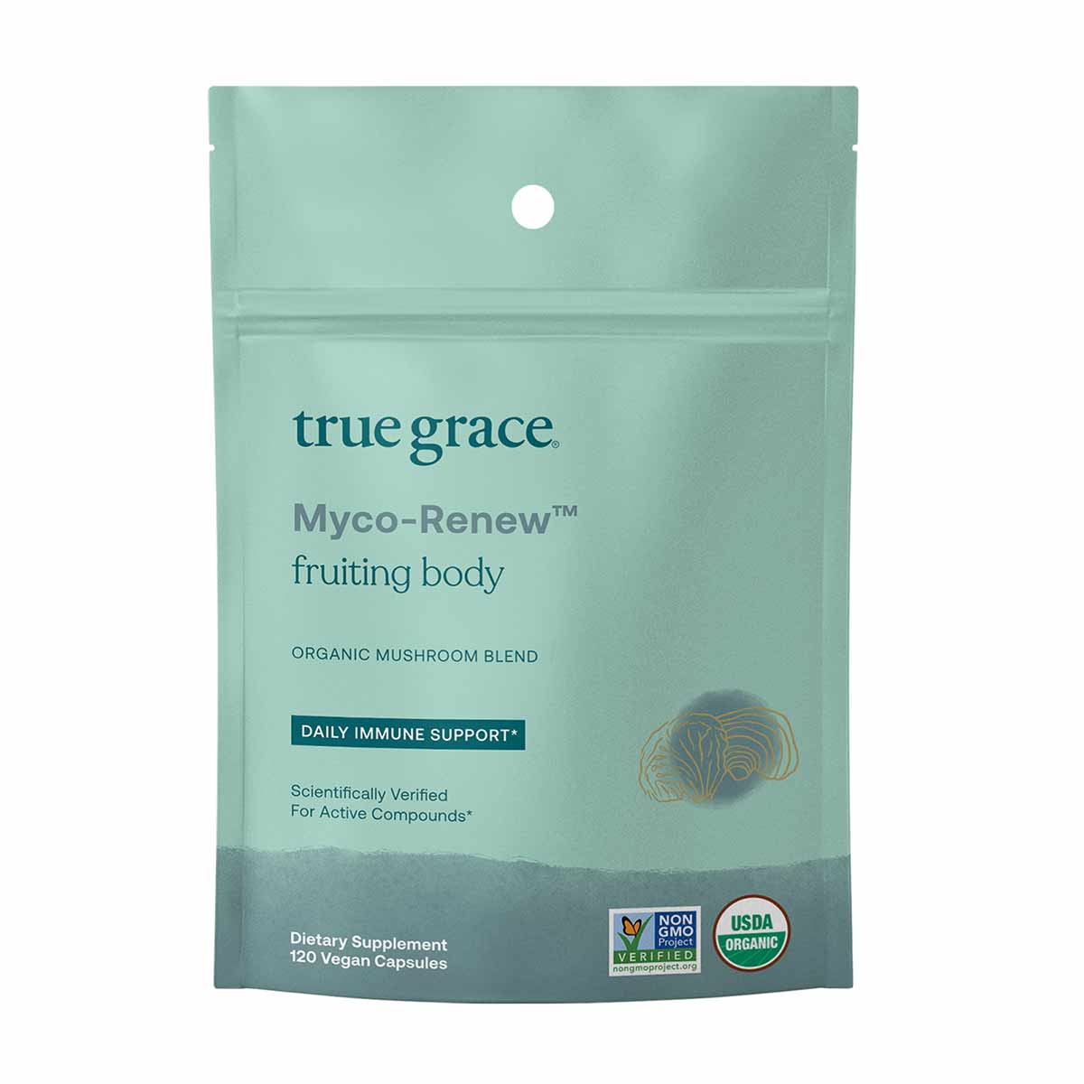Mint-green pouch of True Grace Myco-Renew fruiting body organic mushroom blend dietary supplement with 120 vegan capsules.