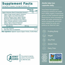 Supplement Facts label for Myco-Renew capsules showing organic mushroom blend, beta-glucans, and certification badges.