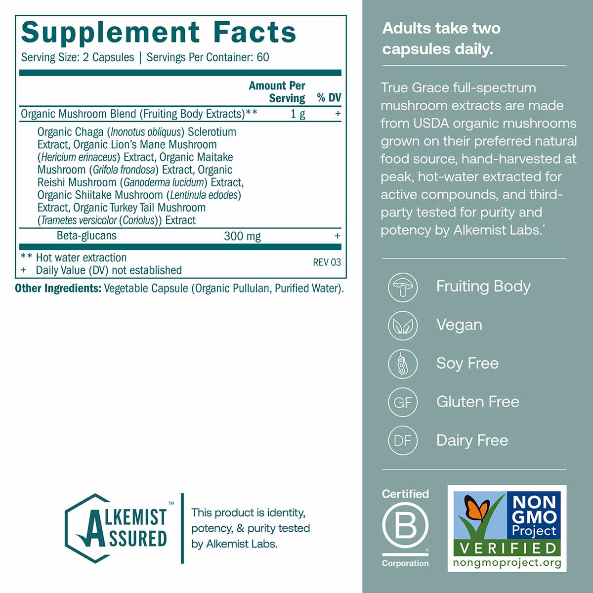 Supplement Facts label for Myco-Renew capsules showing organic mushroom blend, beta-glucans, and certification badges.