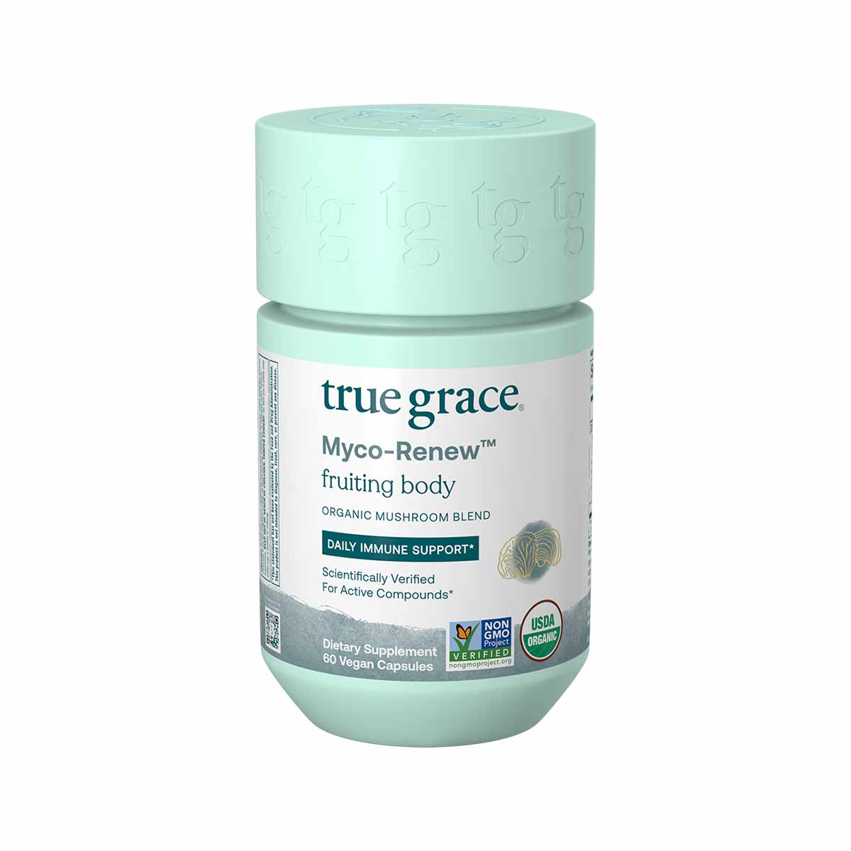 Light green cylindrical bottle of True Grace Myco-Renew organic mushroom blend dietary supplement containing 60 vegan capsule