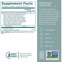 Myco-Renew supplement facts label showing organic mushroom blend with beta-glucans, vegan and gluten-free capsules.