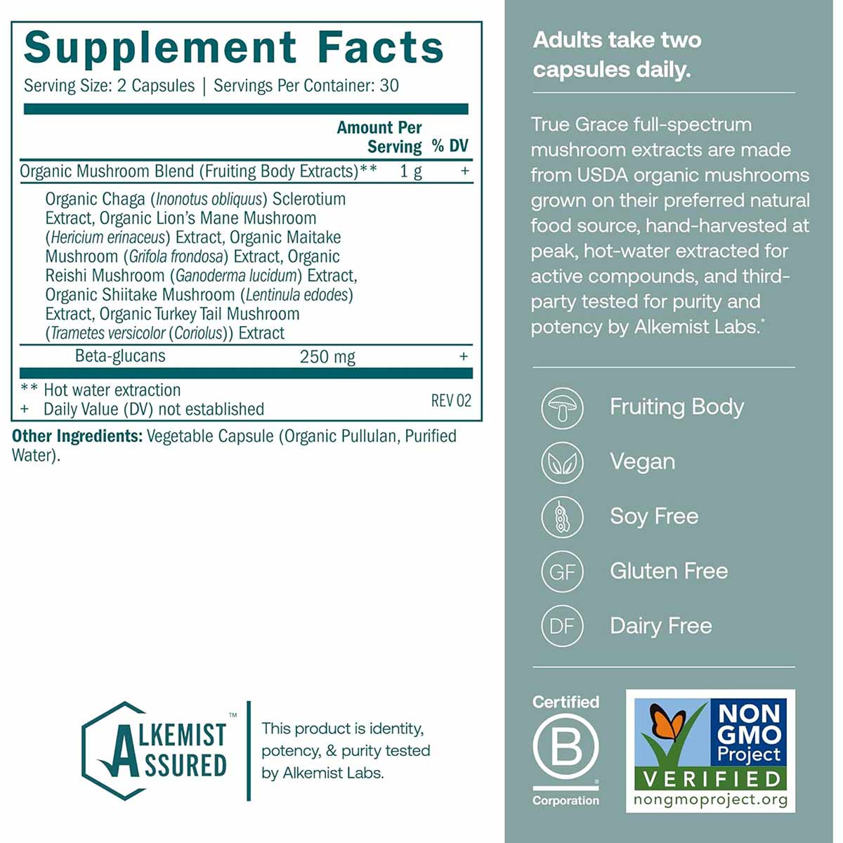 Myco-Renew supplement facts label showing organic mushroom blend with beta-glucans, vegan and gluten-free capsules.